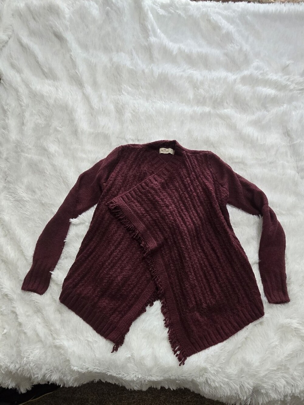 Hollister Burgundy Fringe-Trim Open Ribbed Cardigan